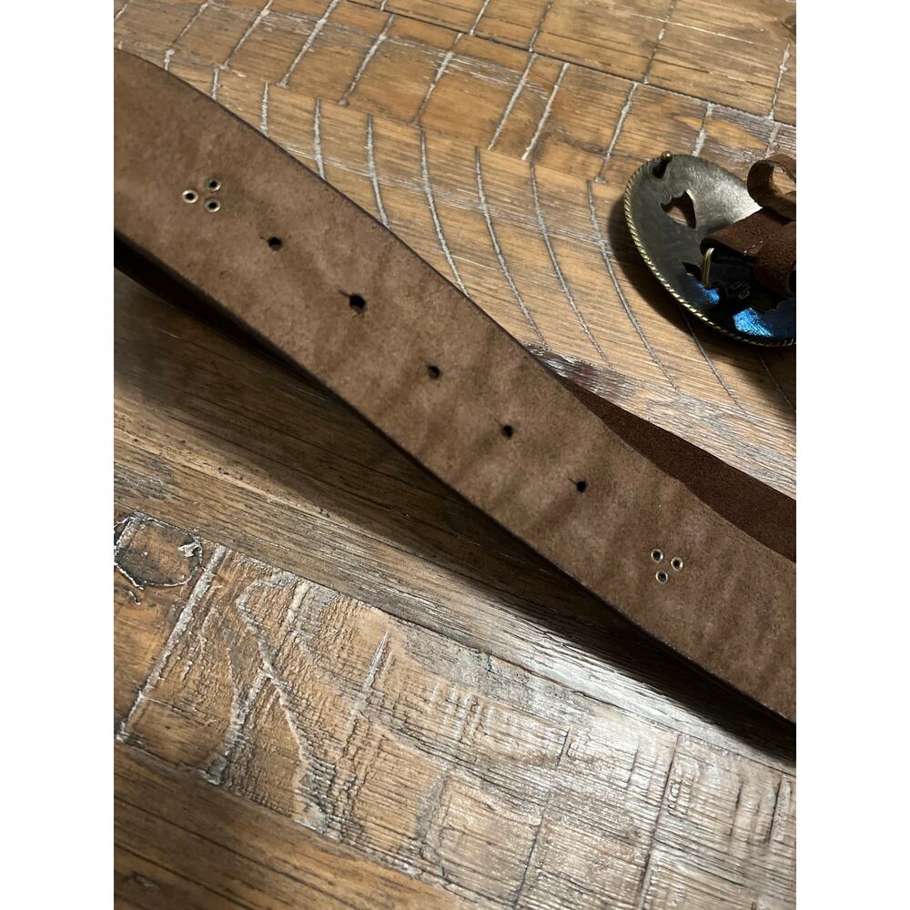 Brown Leather Belt with Unique Belt Buckle Size Large Studded Etched Strap Boho - Picture 6 of 7